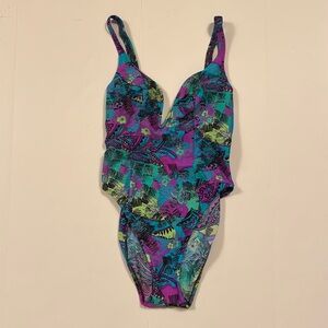 Vintage 80s 90s One Piece Swimsuit High Cut Large